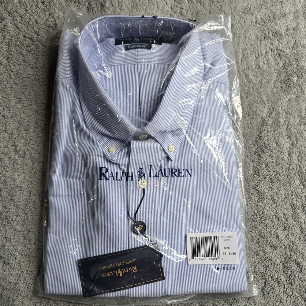 Ralph Lauren Classic Fit Pinpoint Shirt Mens 19 34/35 Blue Striped Flesh Pony